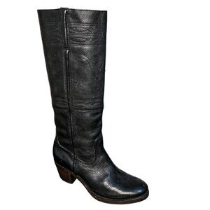 Frye Stitching Horse Black Leather Knee High Tall Chunky Heeled Boot Women’s 7